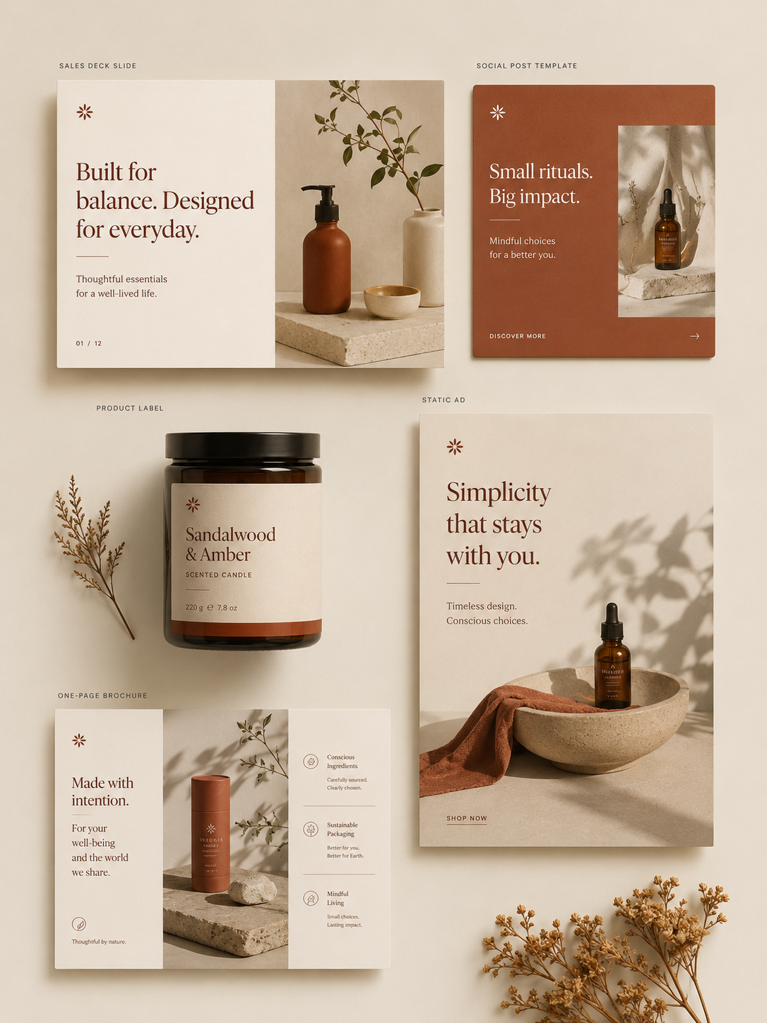 A month of graphic design services output — decks, social templates, packaging and ads in one visual system