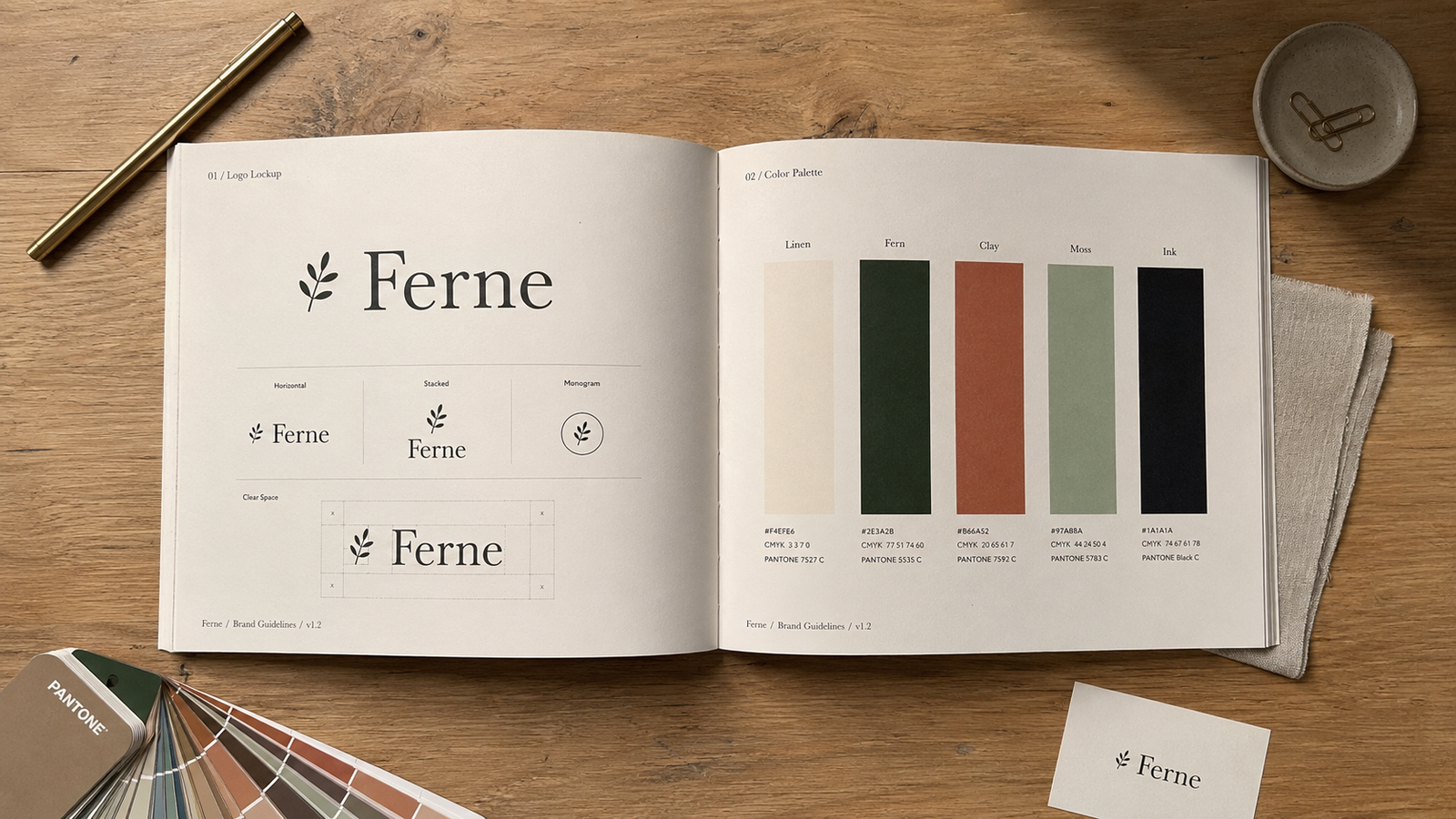 Brand identity design services by VedaCreatives — logo, colour palette, and typography system laid out on a moodboard.