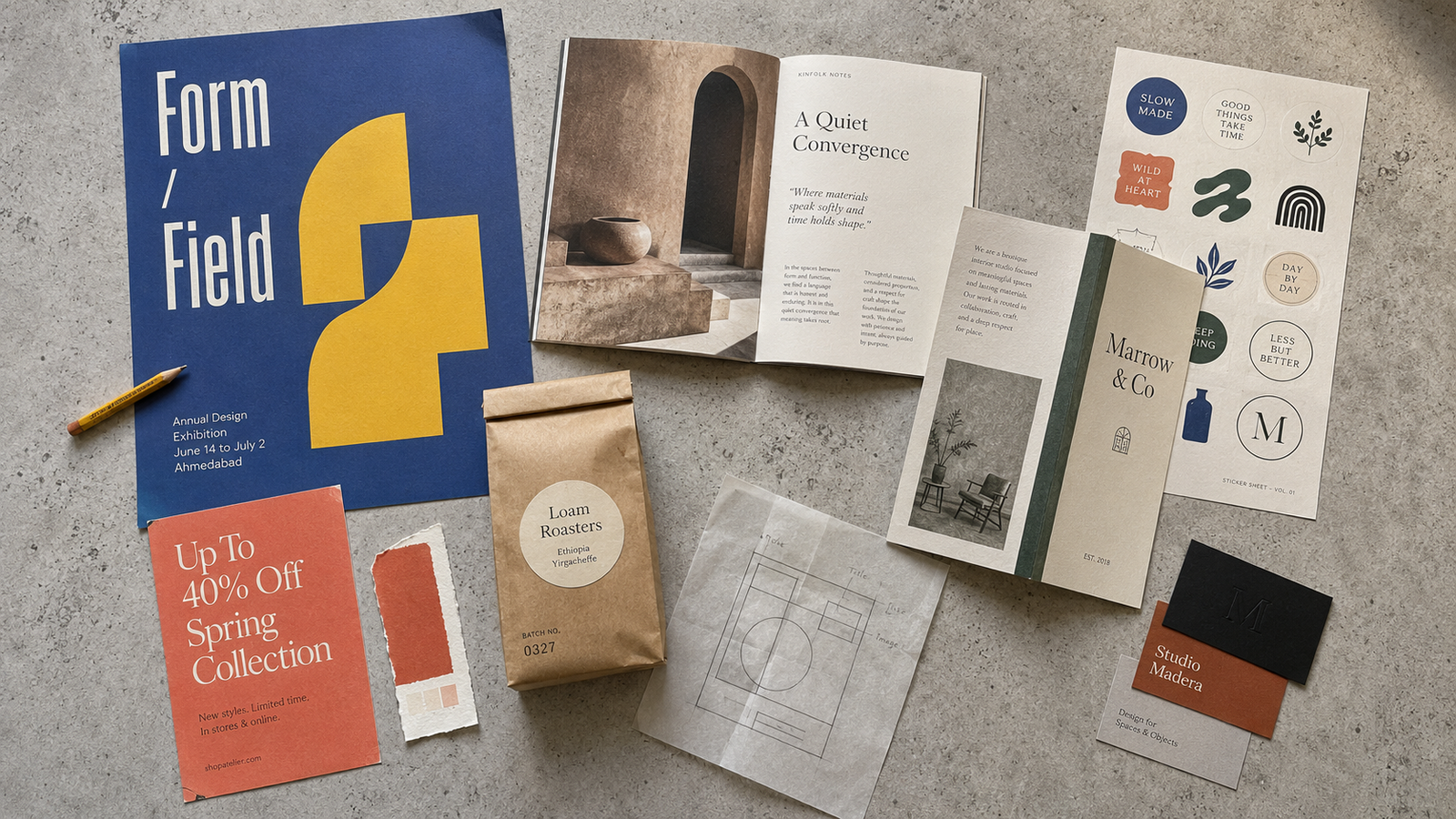 Graphic design services for startups — editorial layouts, pitch deck spreads, and marketing collateral by VedaCreatives.