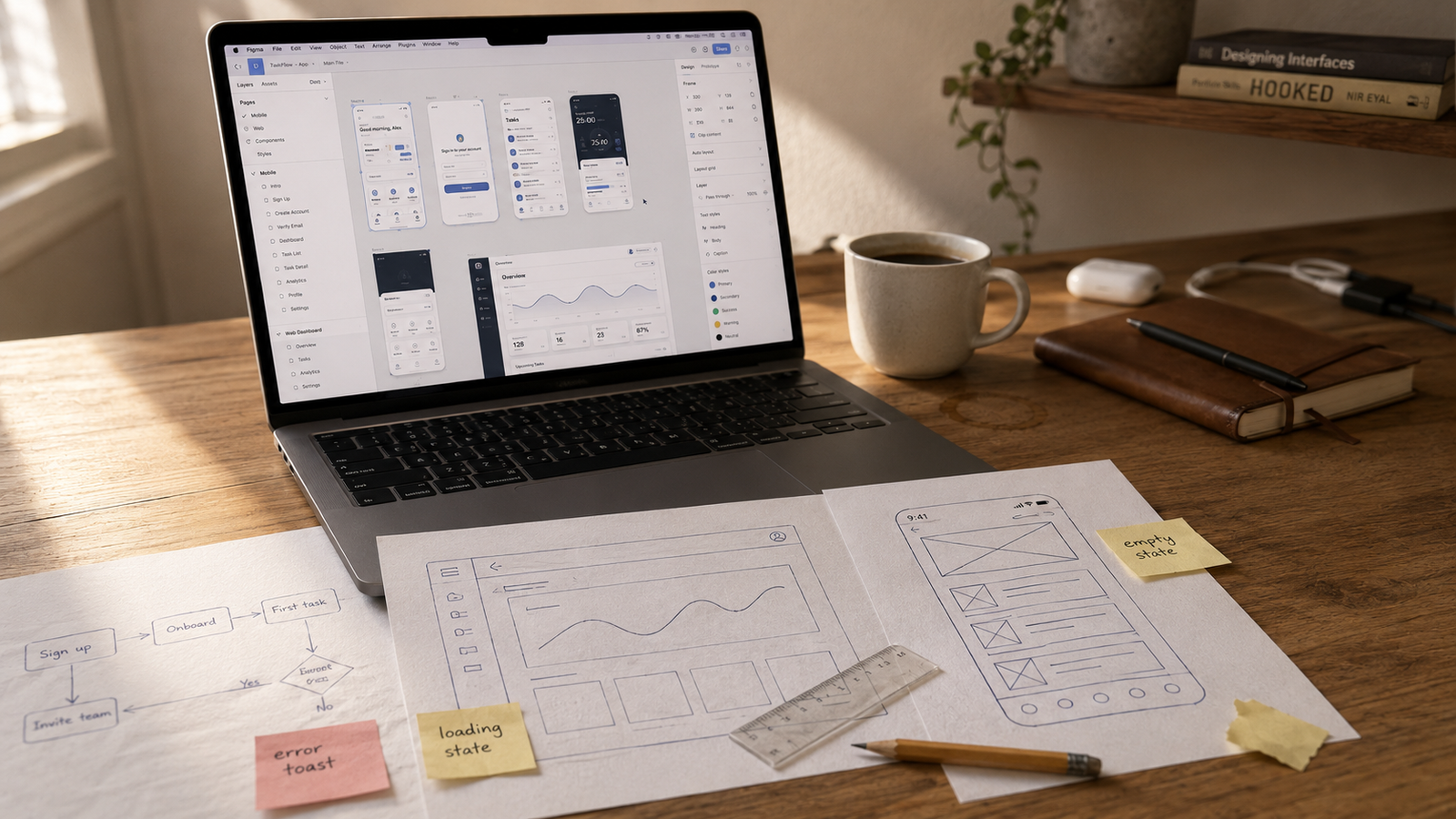 UI UX design services for SaaS founders — Figma product screens, design system components, and dashboard mockups.