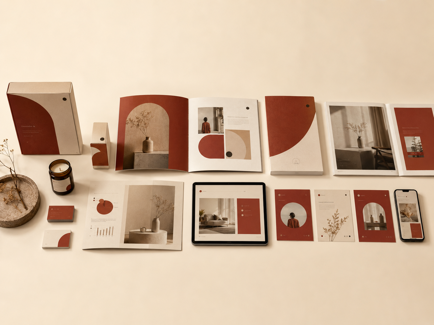 Graphic design services across formats — decks, packaging, social and ads produced as one connected brand system