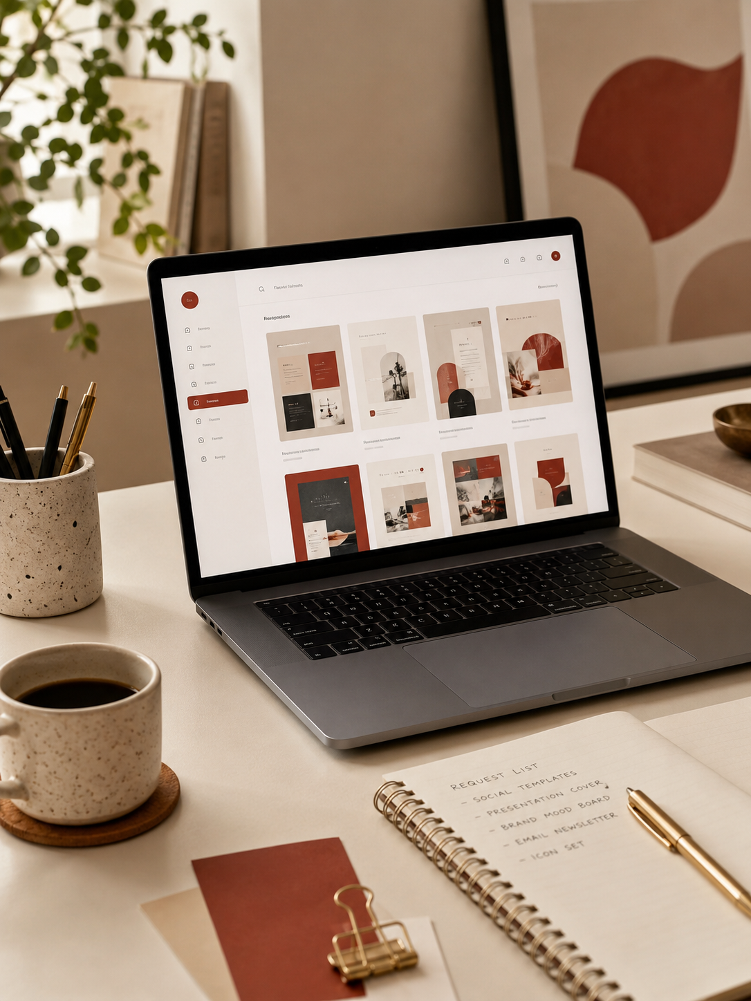 Graphic design services workflow an organised request queue and reusable template library on a designer's desk