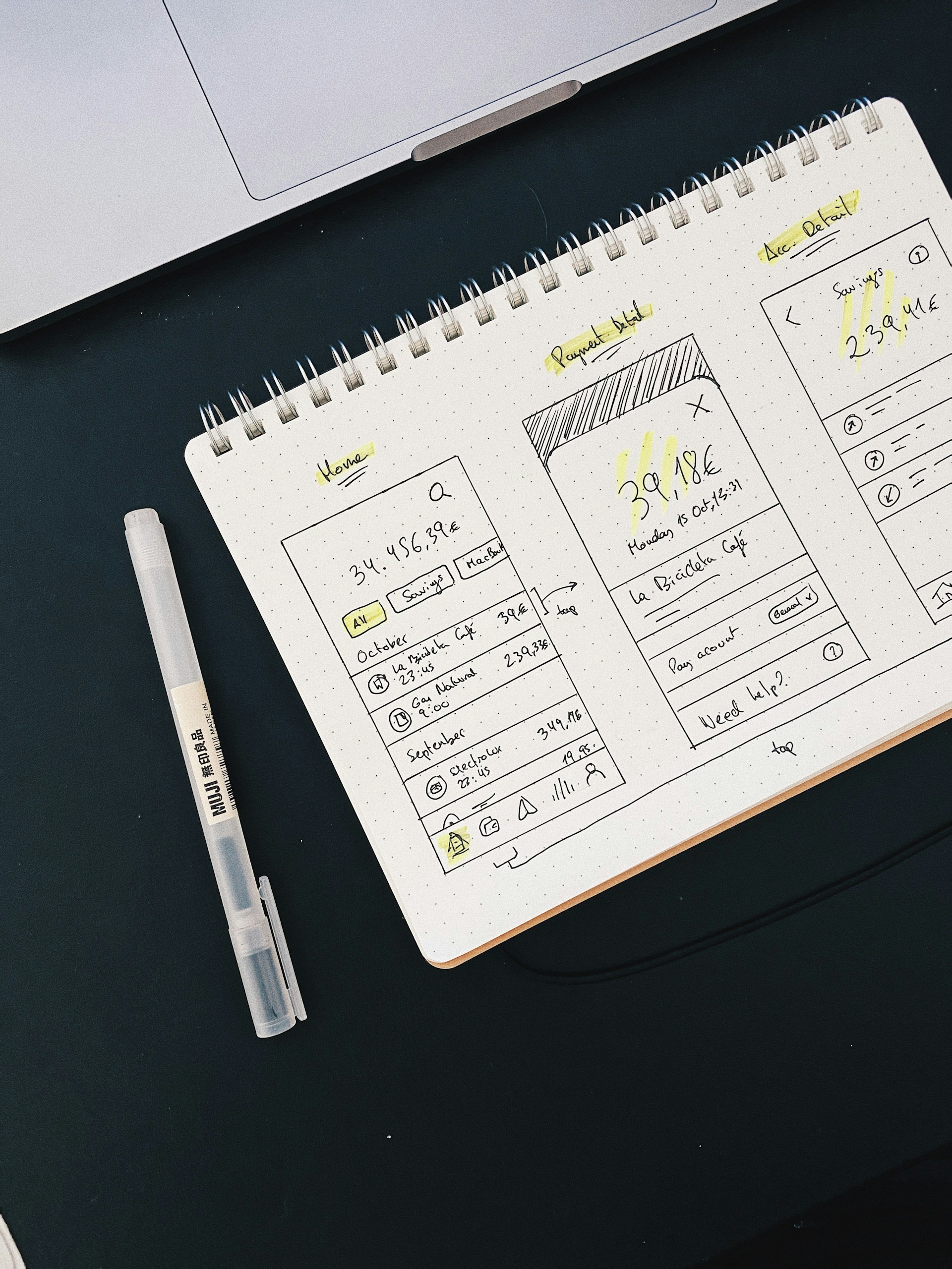 Notebook with sketches + budget notes